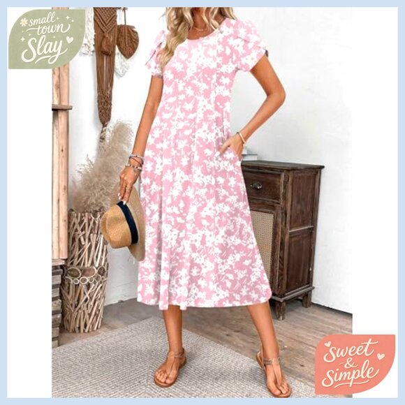 Short Sleeve Midi Dress Flowy A-Line Casual Summer Sundress with Pockets - Picture 2 of 7